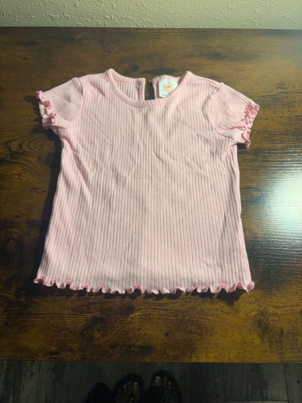 Girls Pink Ribbed Lettuce Trim Short Sleeve Top